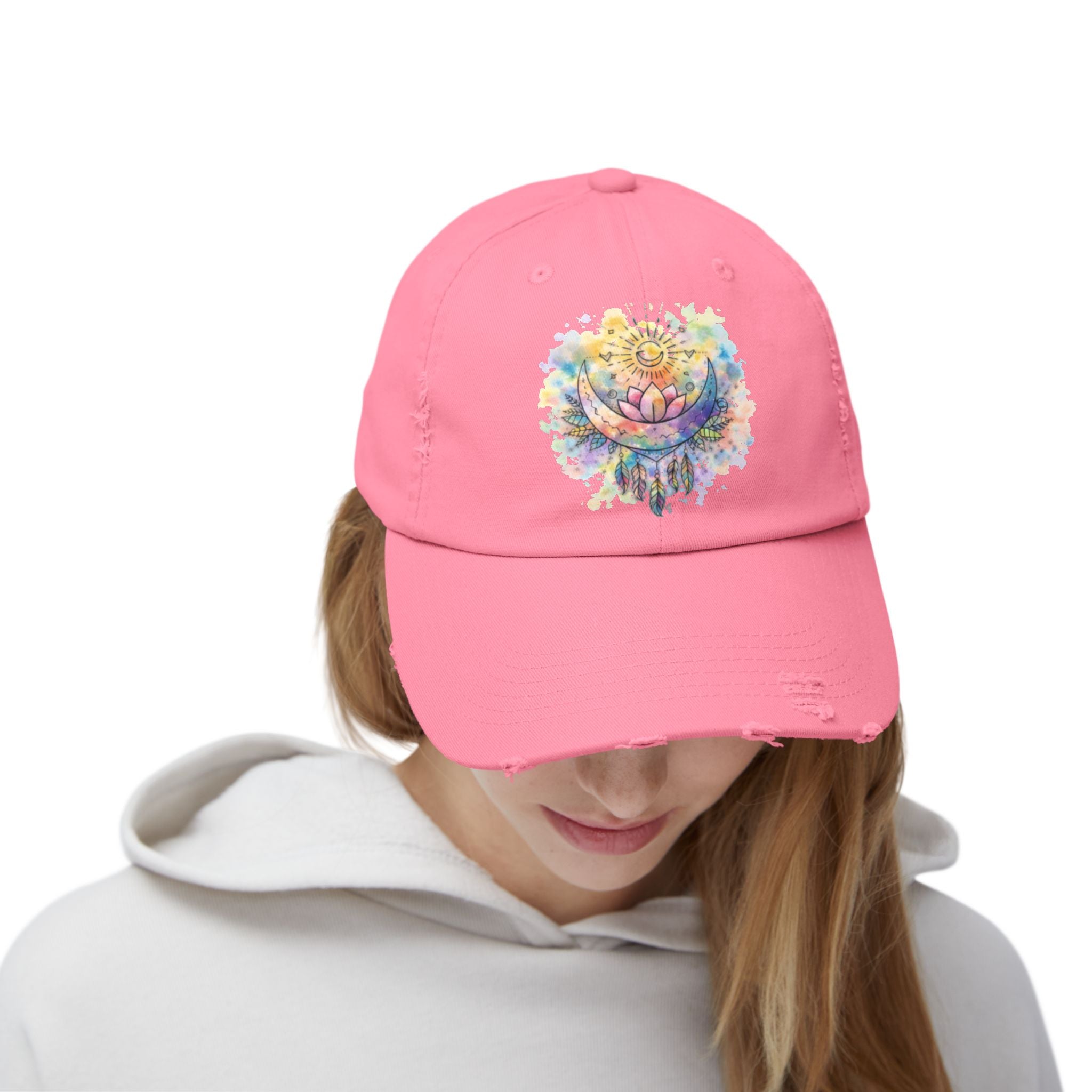 Distressed Cap with Watercolor Lotus & Crescent Moon — Boho Yoga Hat
