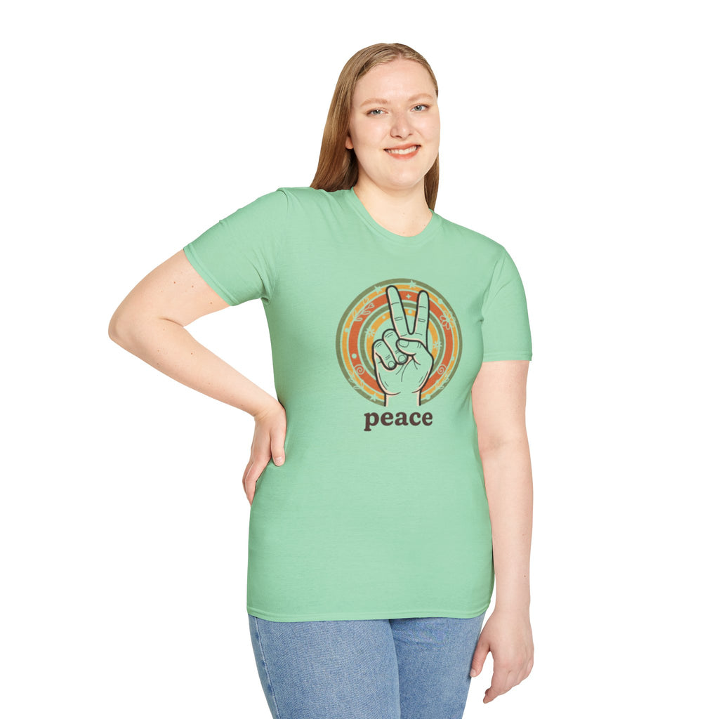 Peace Hand Sign T-Shirt | Retro Rainbow Circle, Vintage Hippie Vibe