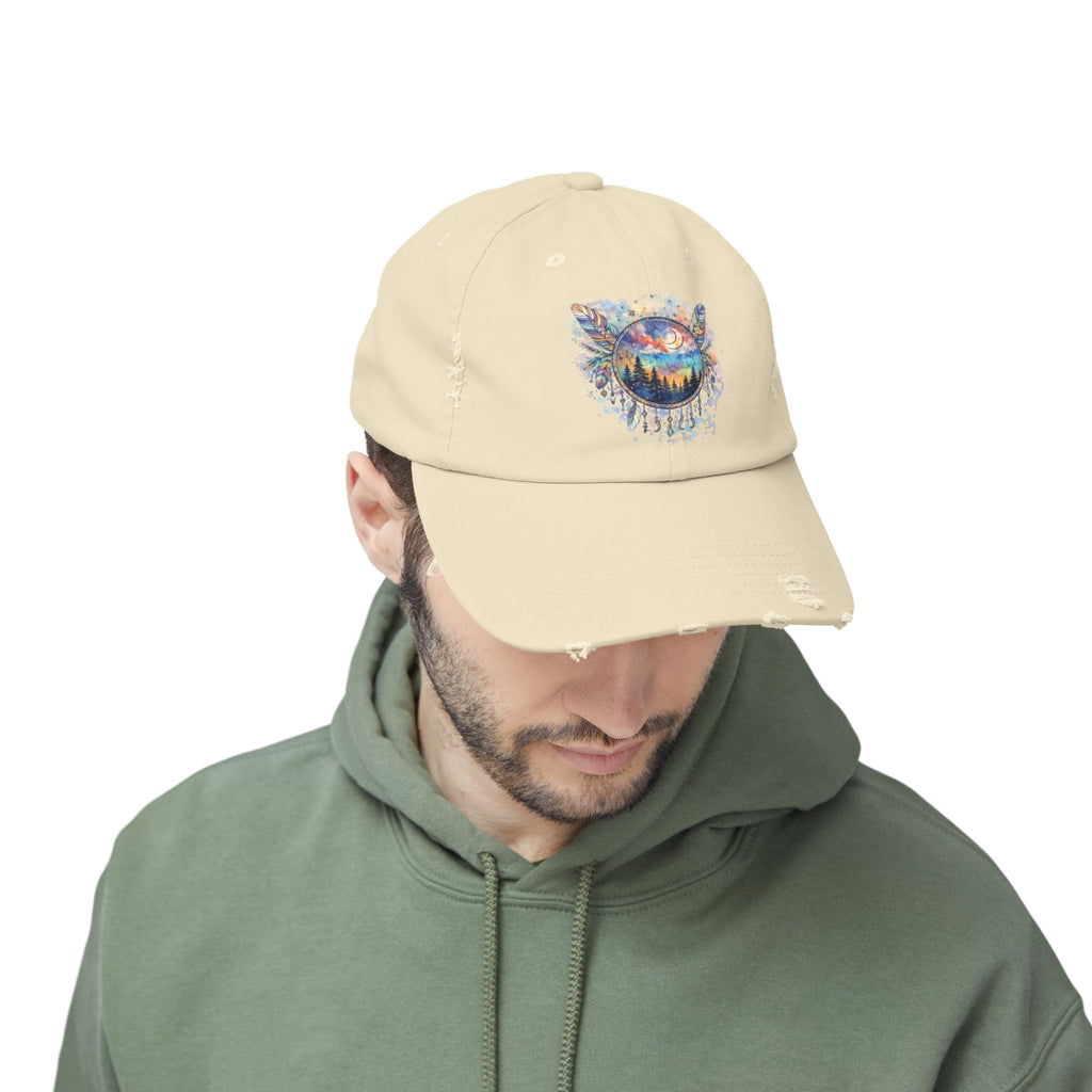 Wolf Moon Distressed Cap — Watercolor Nightscape Hat