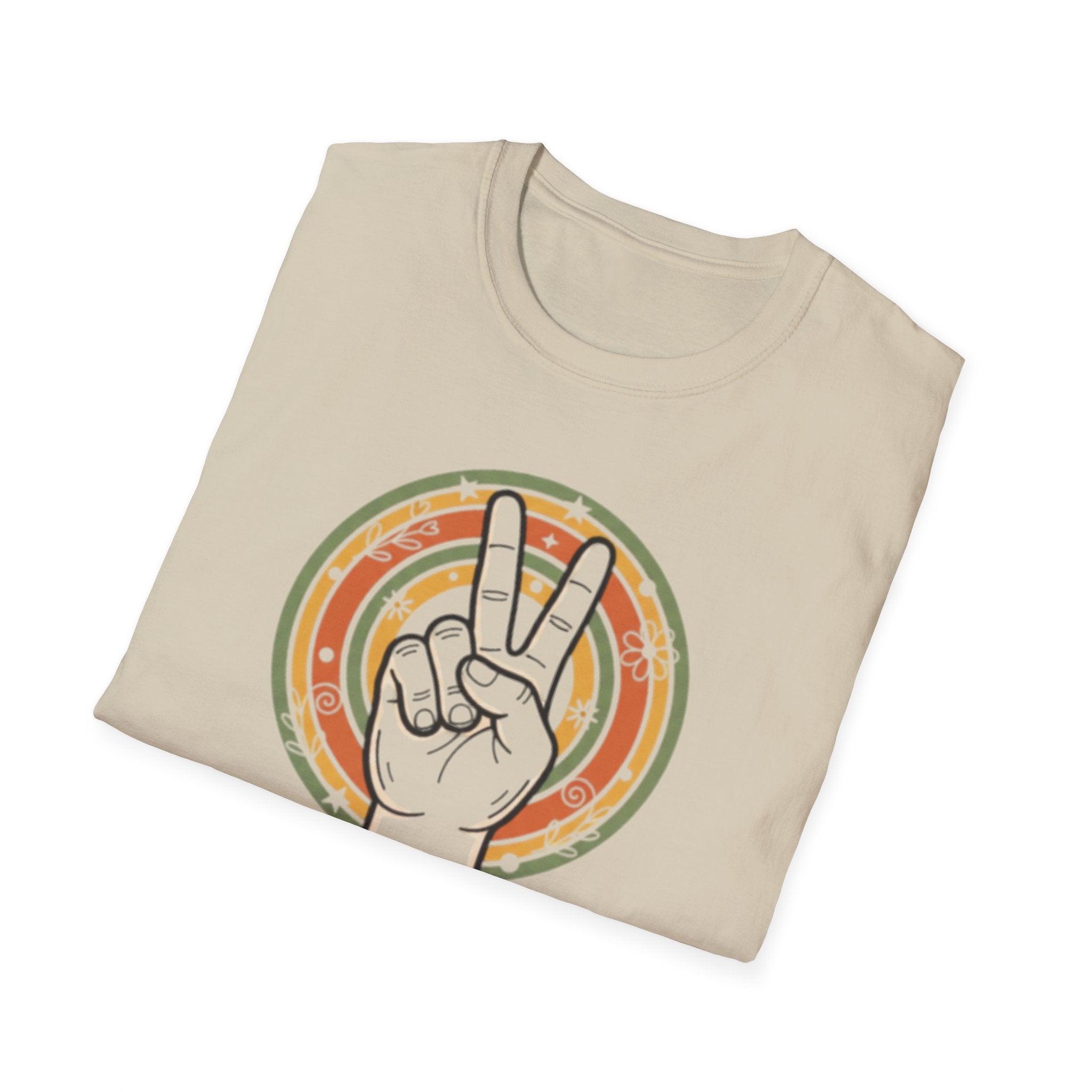 Peace Hand Sign T-Shirt | Retro Rainbow Circle, Vintage Hippie Vibe