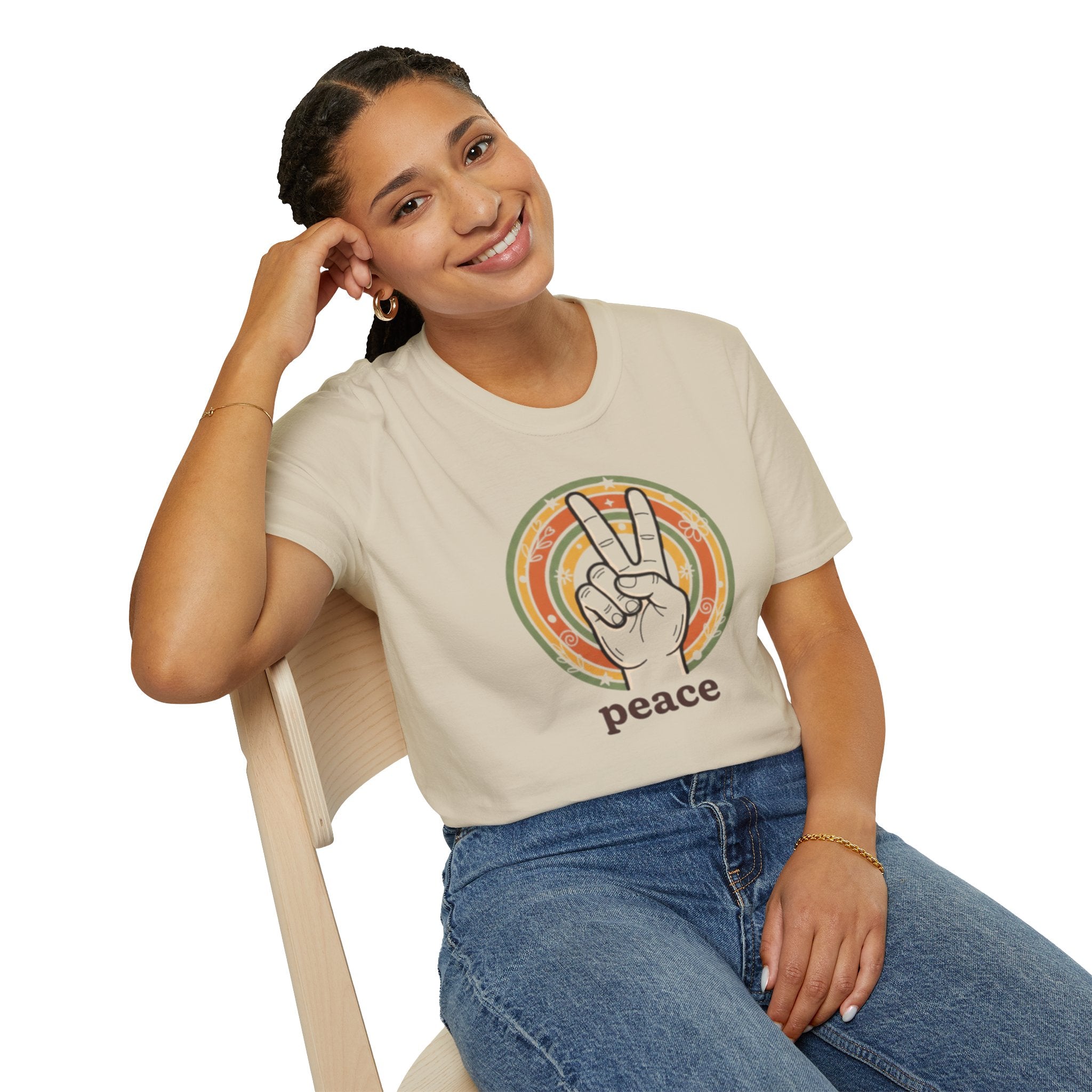 Peace Hand Sign T-Shirt | Retro Rainbow Circle, Vintage Hippie Vibe