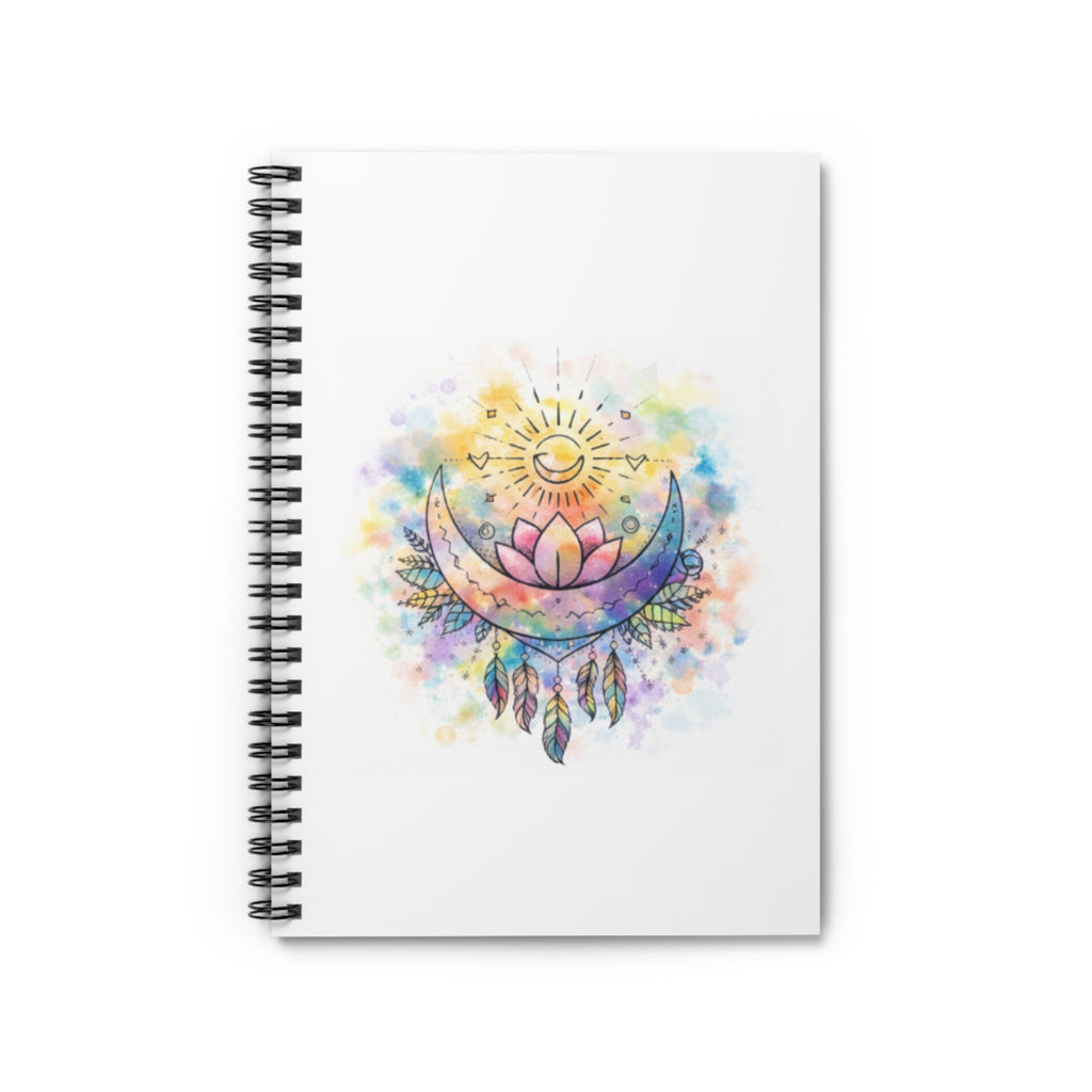 Watercolor Crescent Moon Lotus spiral notebook | ruled journal, boho dreamcatcher design