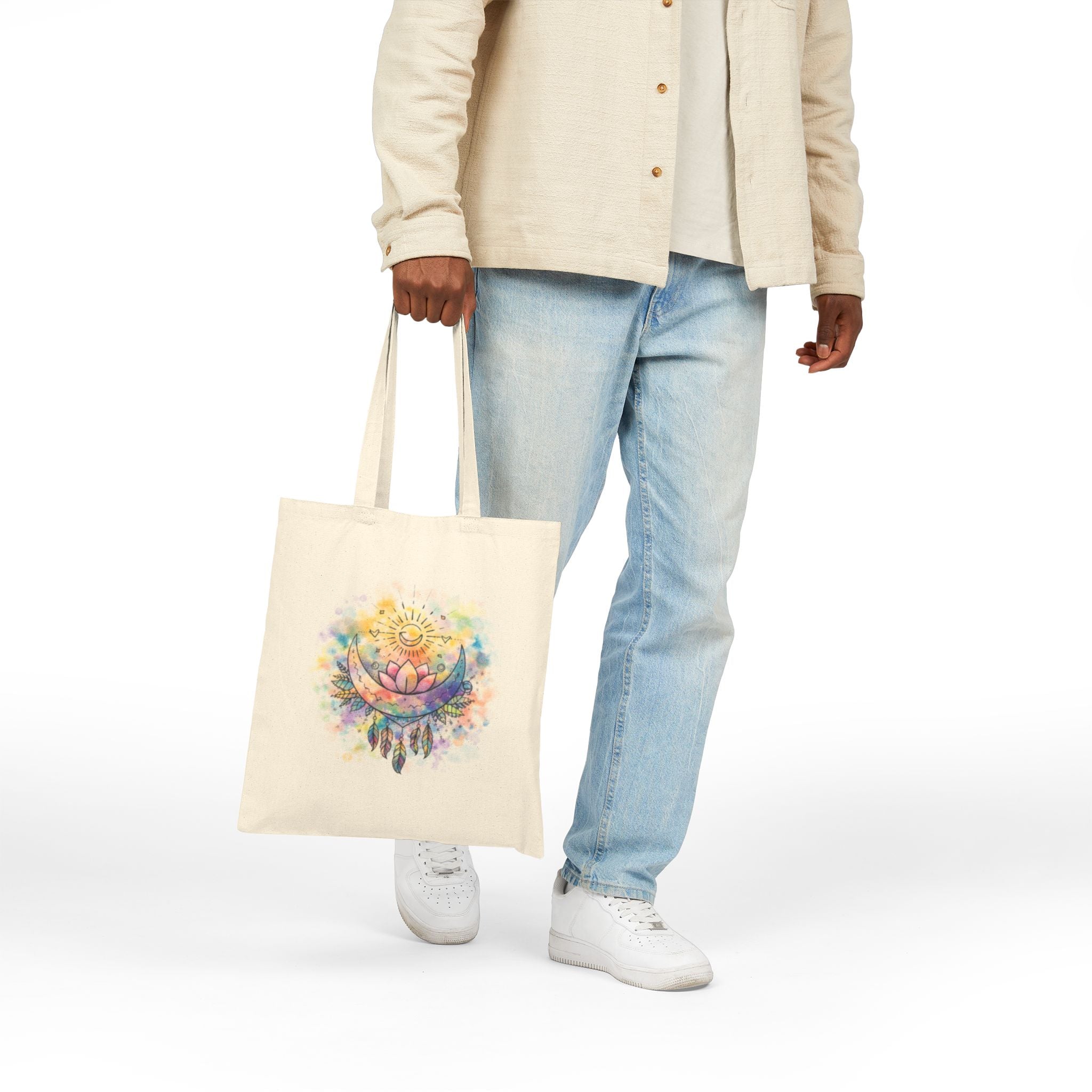 Boho Watercolor Lotus & Sun Spiritual Cotton Canvas Tote