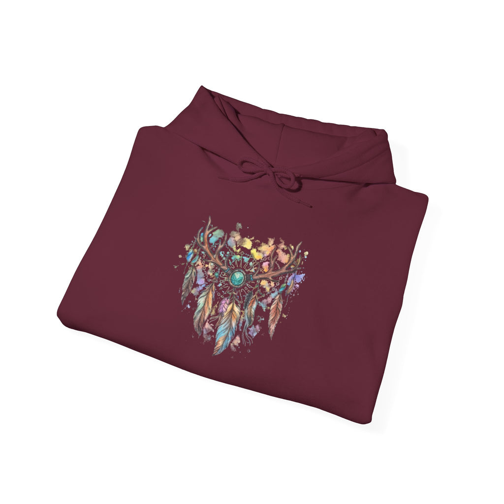 Dreamcatcher Antler Hoodie — Watercolor Feathers & Floral Boho Sweatshirt