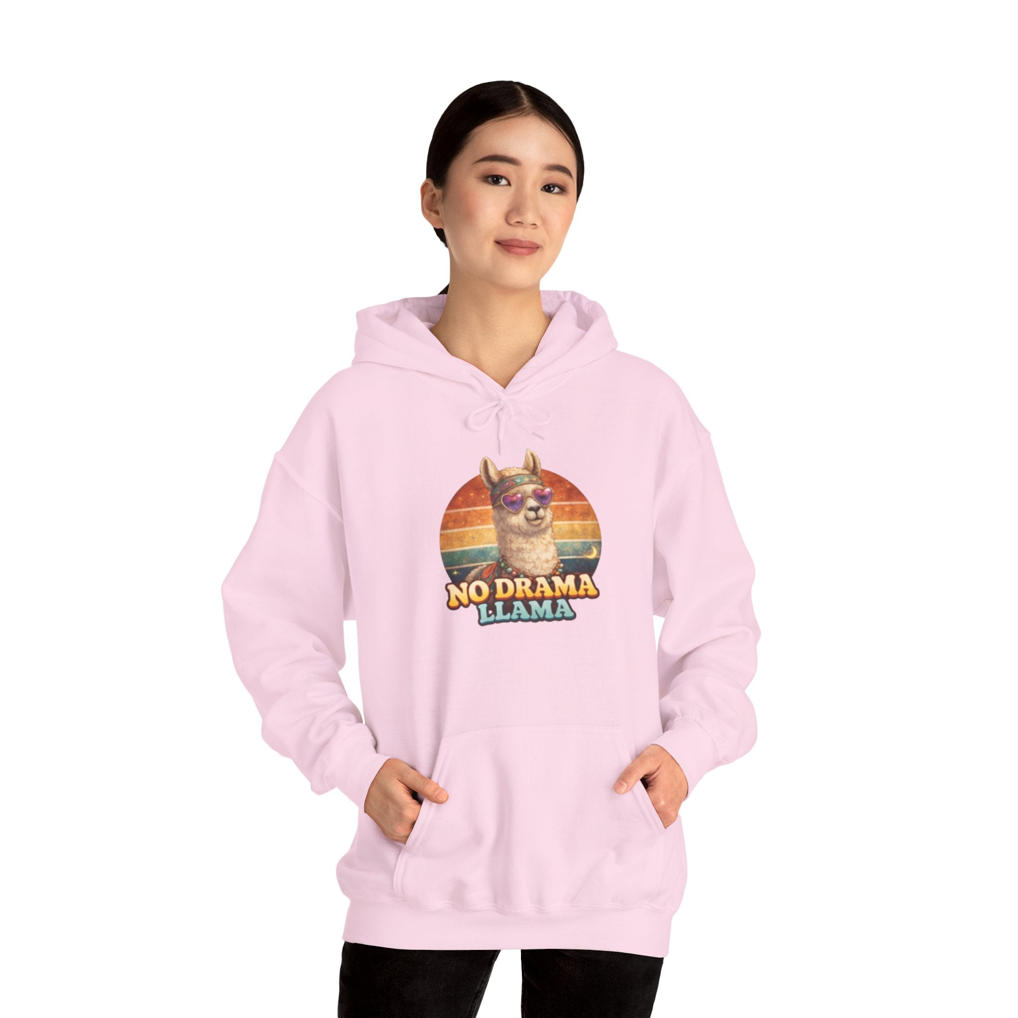 No Drama Llama Hoodie – Retro Sunset Graphic Pullover