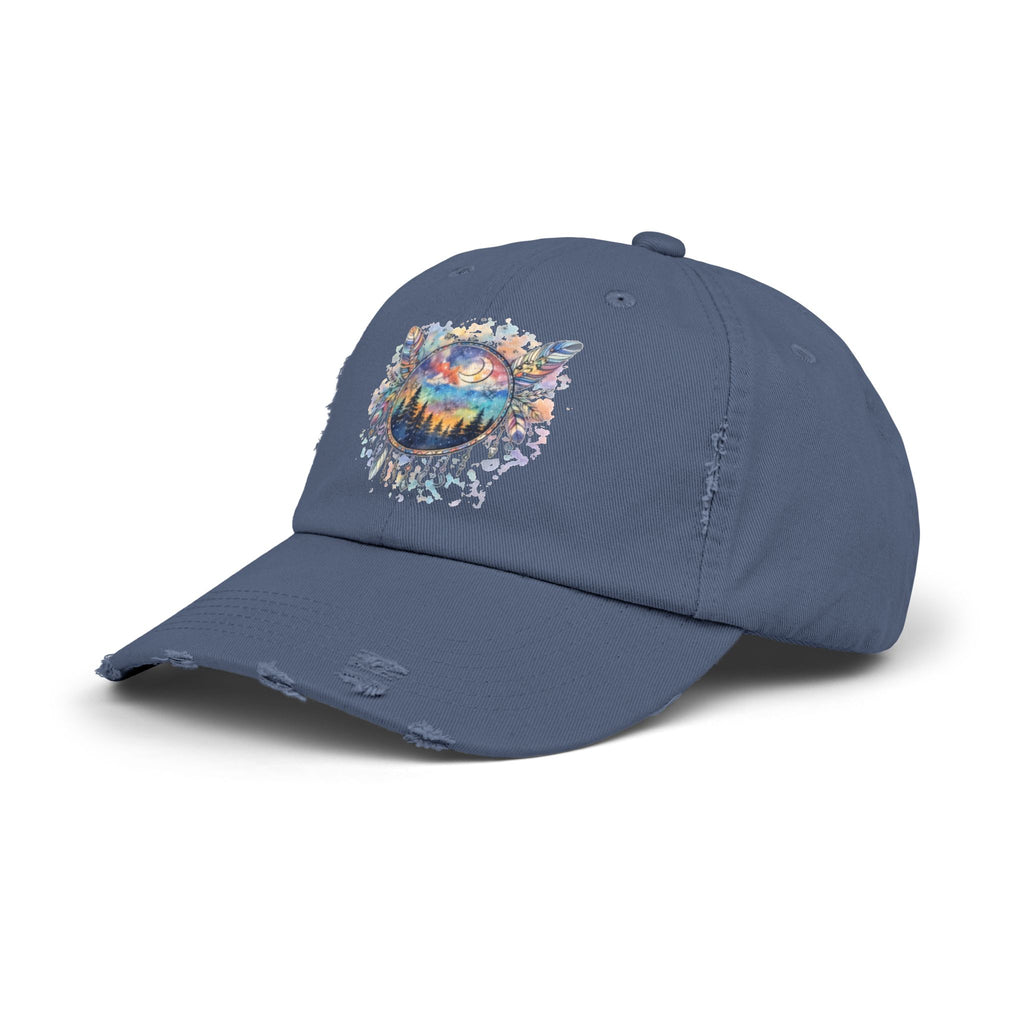 Wolf Moon Distressed Cap — Watercolor Nightscape Hat