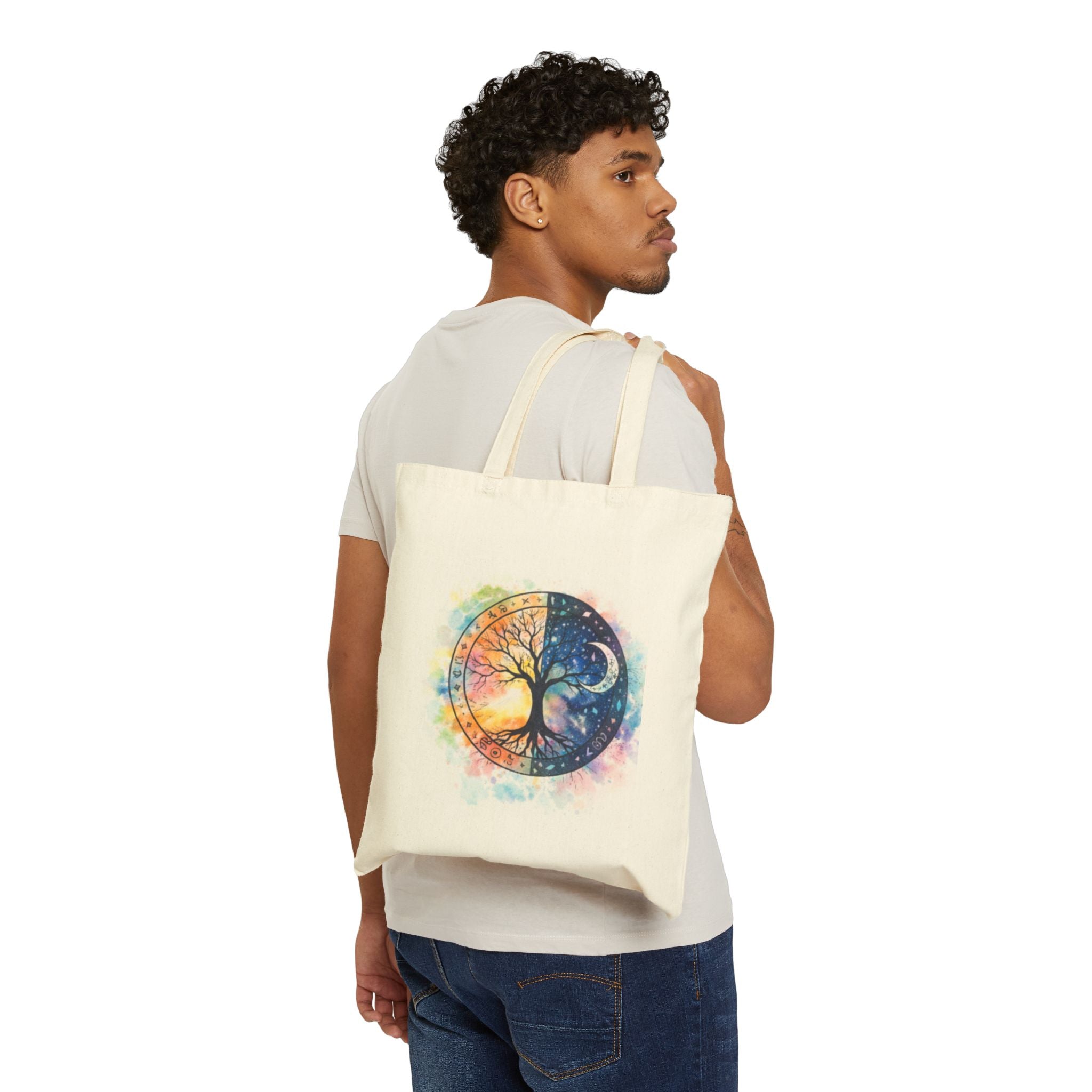 Yin Yang Tree Canvas Tote — Boho Celestial Cotton Bag