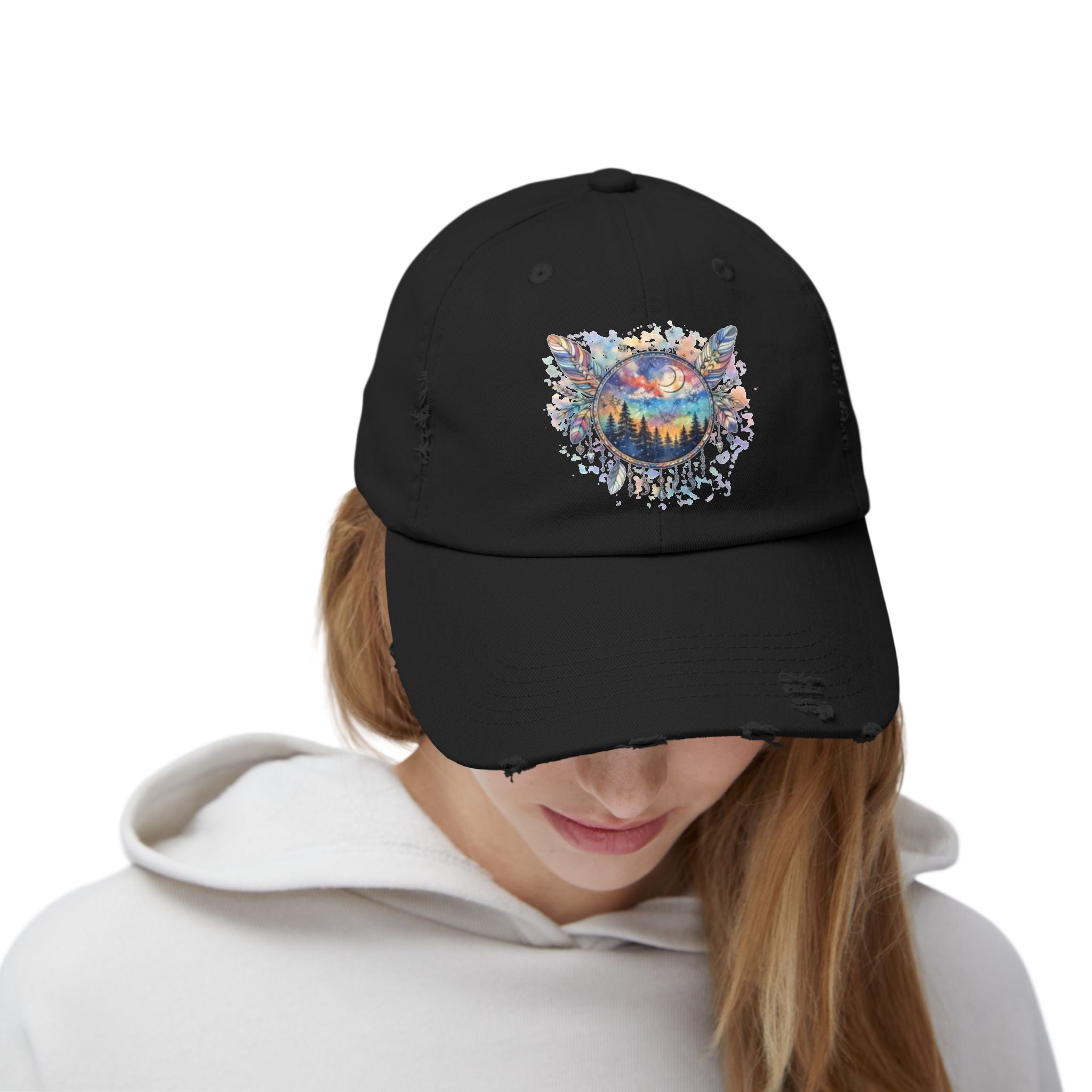 Wolf Moon Distressed Cap — Watercolor Nightscape Hat