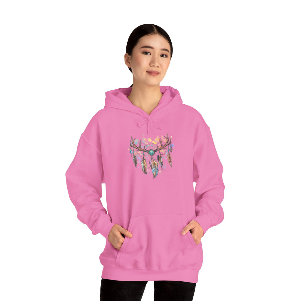 Dreamcatcher Antler Hoodie — Watercolor Feathers & Floral Boho Sweatshirt