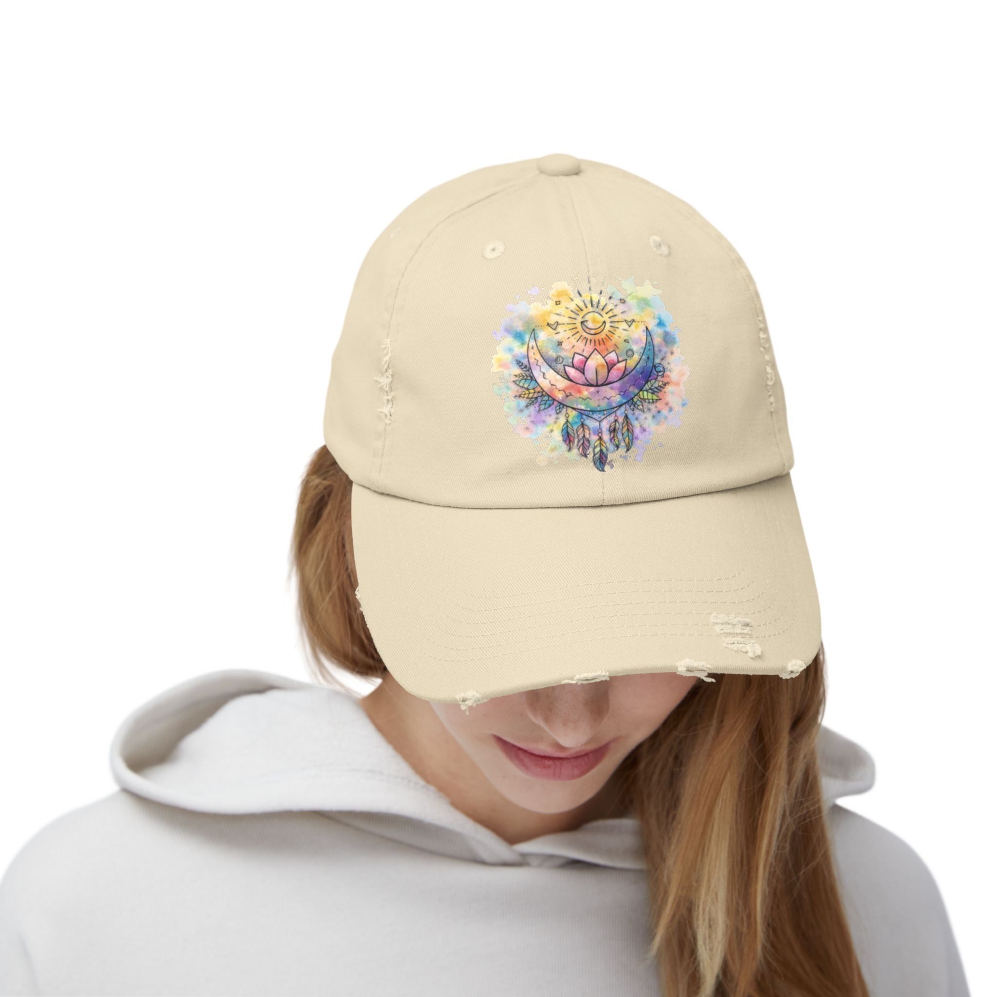 Distressed Cap with Watercolor Lotus & Crescent Moon — Boho Yoga Hat
