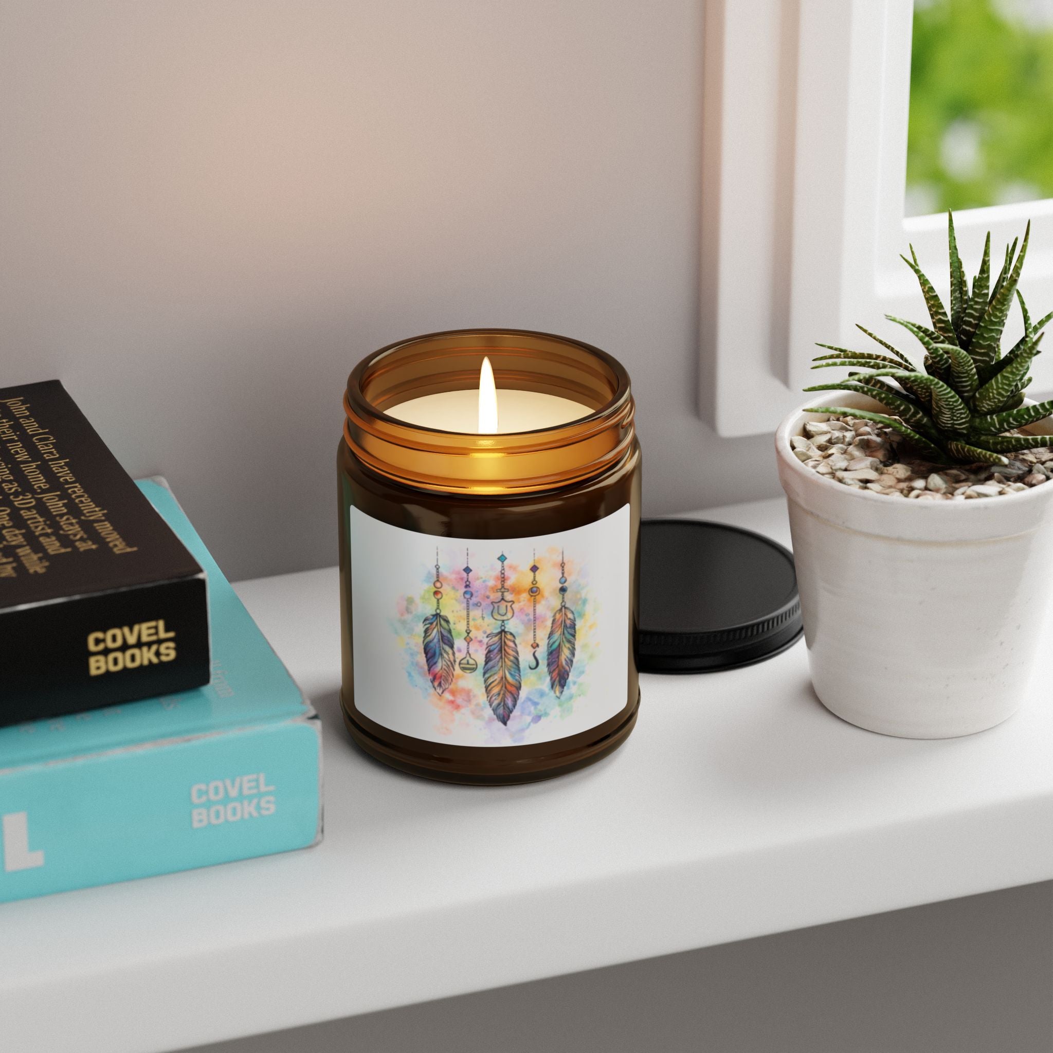 Watercolor Dreamcatcher Candle | Soy Candle in Amber Jar