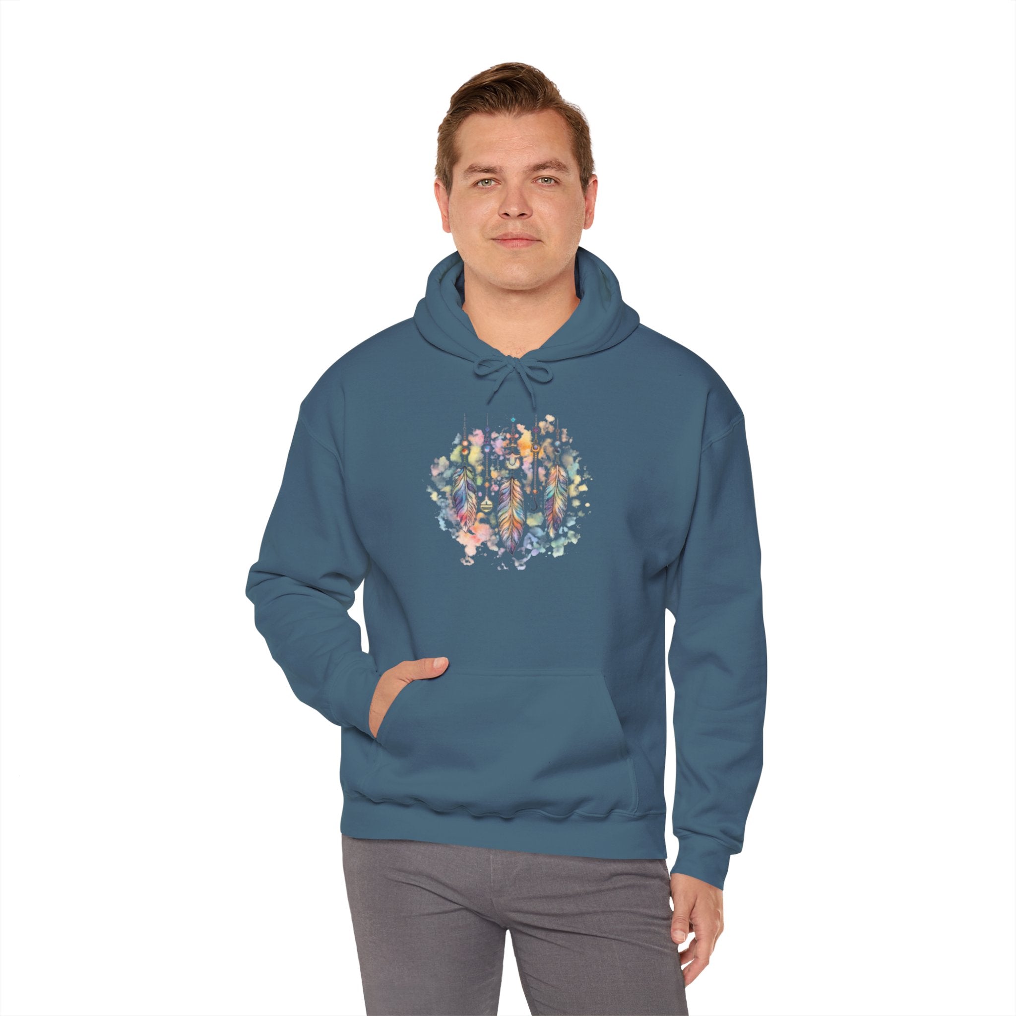Boho Feather Dreamcatcher Hoodie — Watercolor Tribal Feathers Pullover