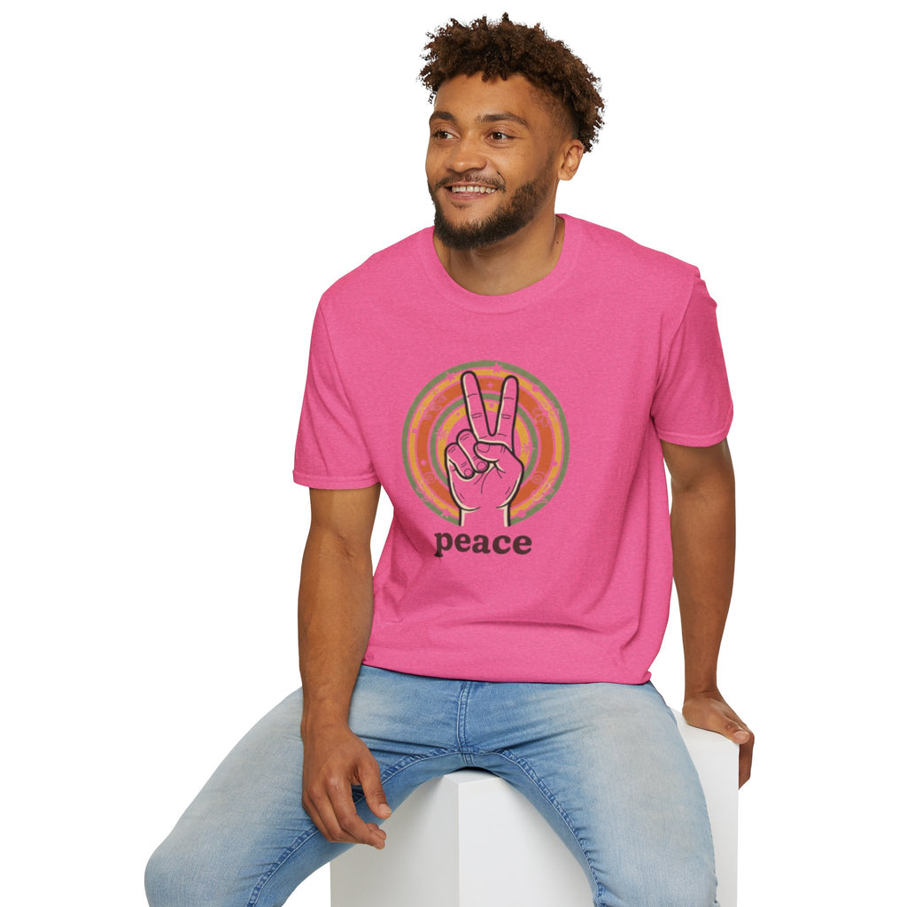 Peace Hand Sign T-Shirt | Retro Rainbow Circle, Vintage Hippie Vibe