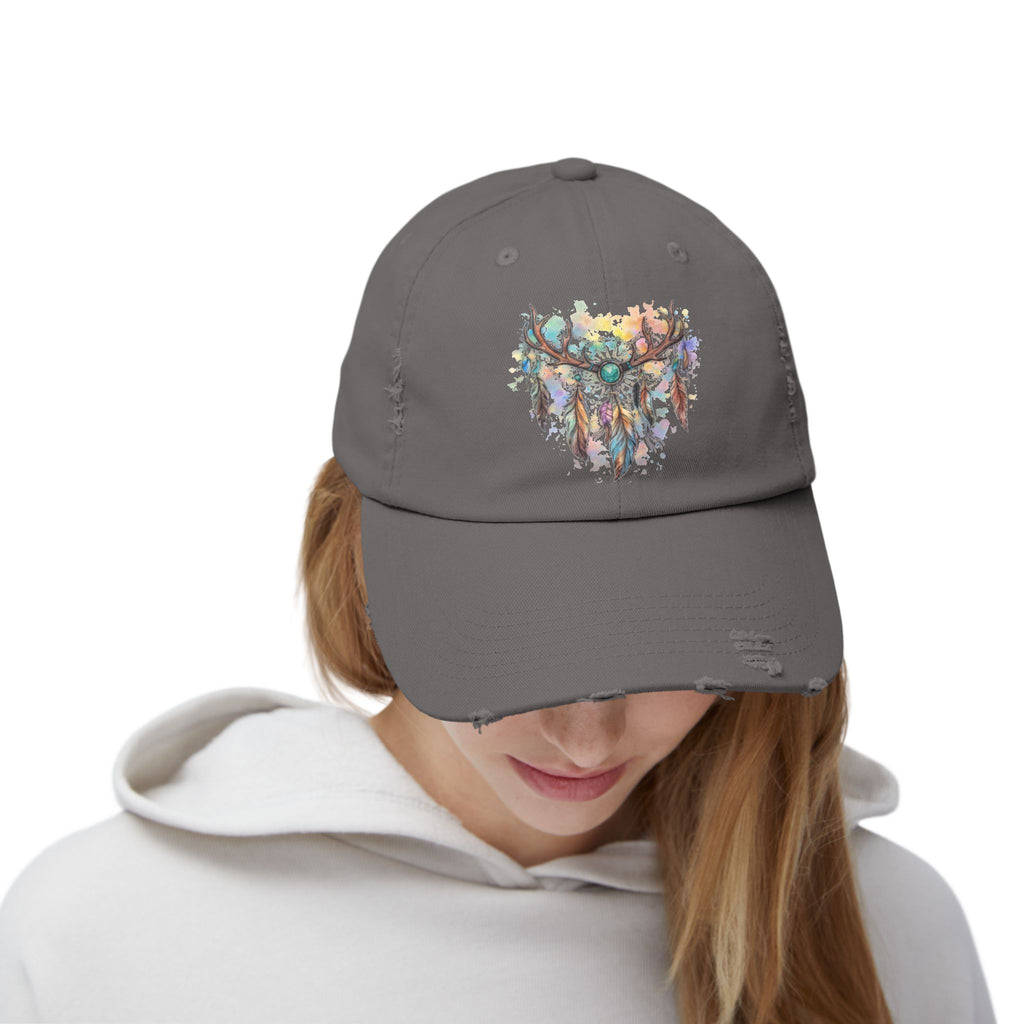 Distressed Hat. Watercolor Antler Dreamcatcher
