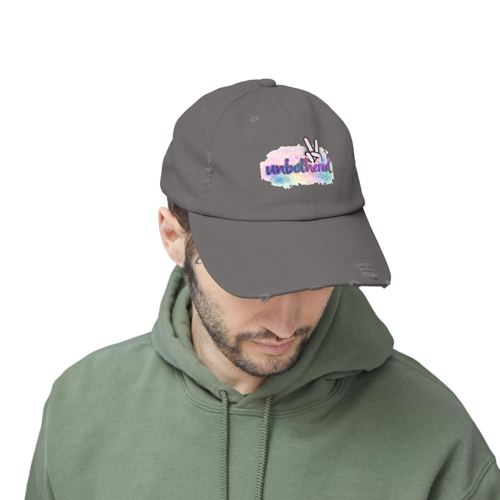 Unbothered Distressed Cap — Pastel Peace Sign Baseball Hat