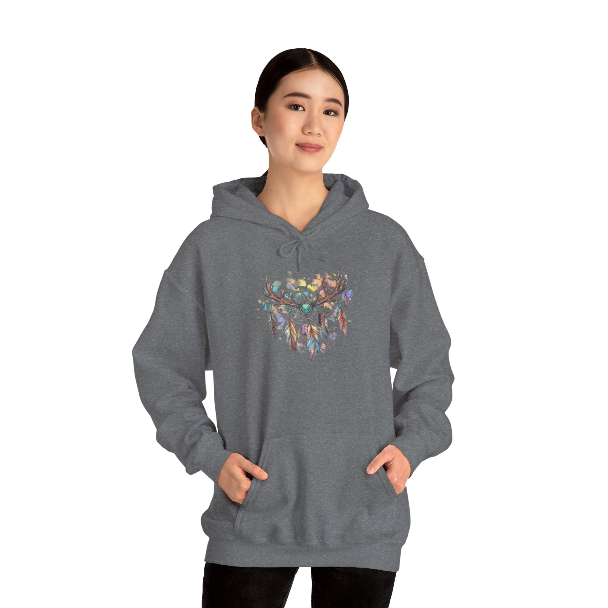 Dreamcatcher Antler Hoodie — Watercolor Feathers & Floral Boho Sweatshirt