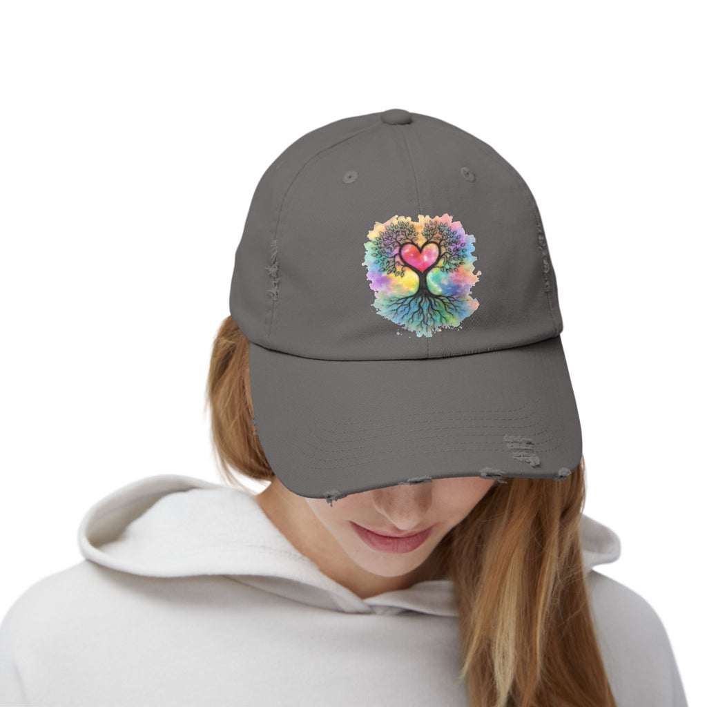 Distressed Dad Hat with Colorful Heart Tree Of Life  Design — Boho Love Cap