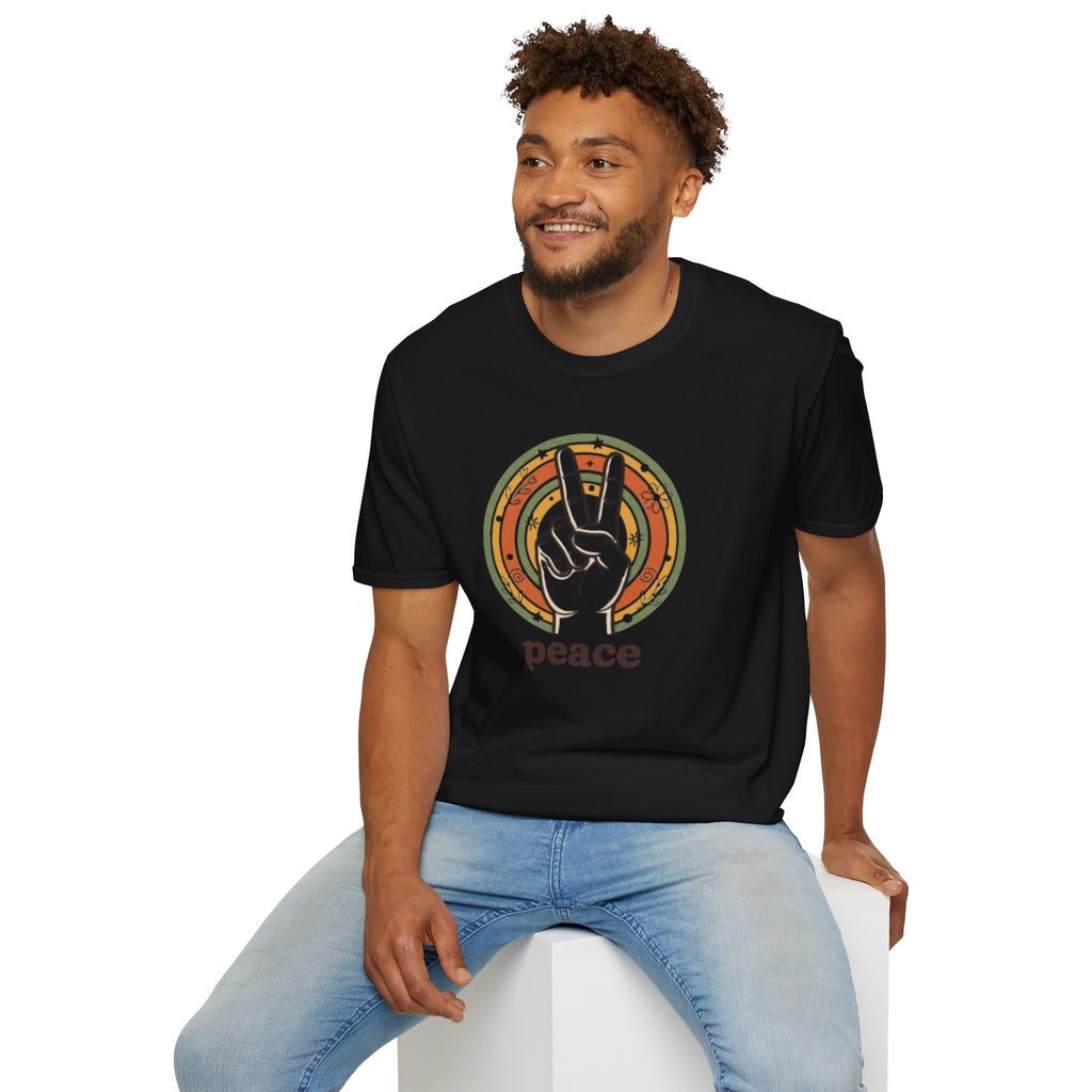 Peace Hand Sign T-Shirt | Retro Rainbow Circle, Vintage Hippie Vibe