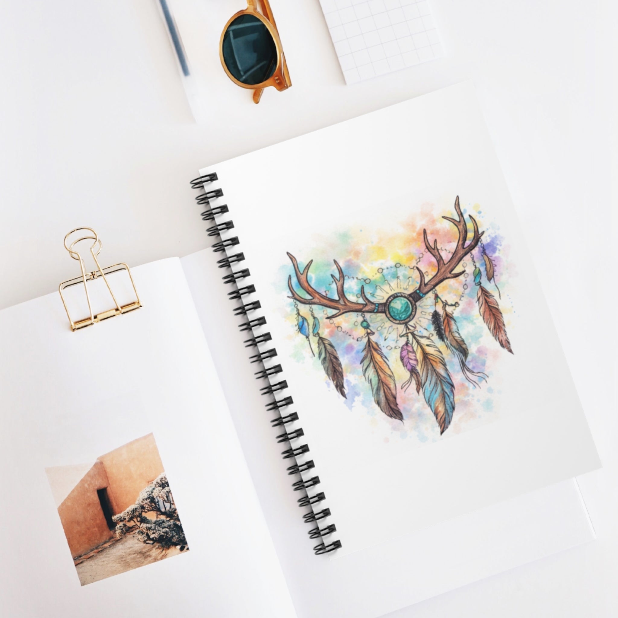 Antler Dreamcatcher Spiral Notebook | Ruled Journal, Watercolor Feathers