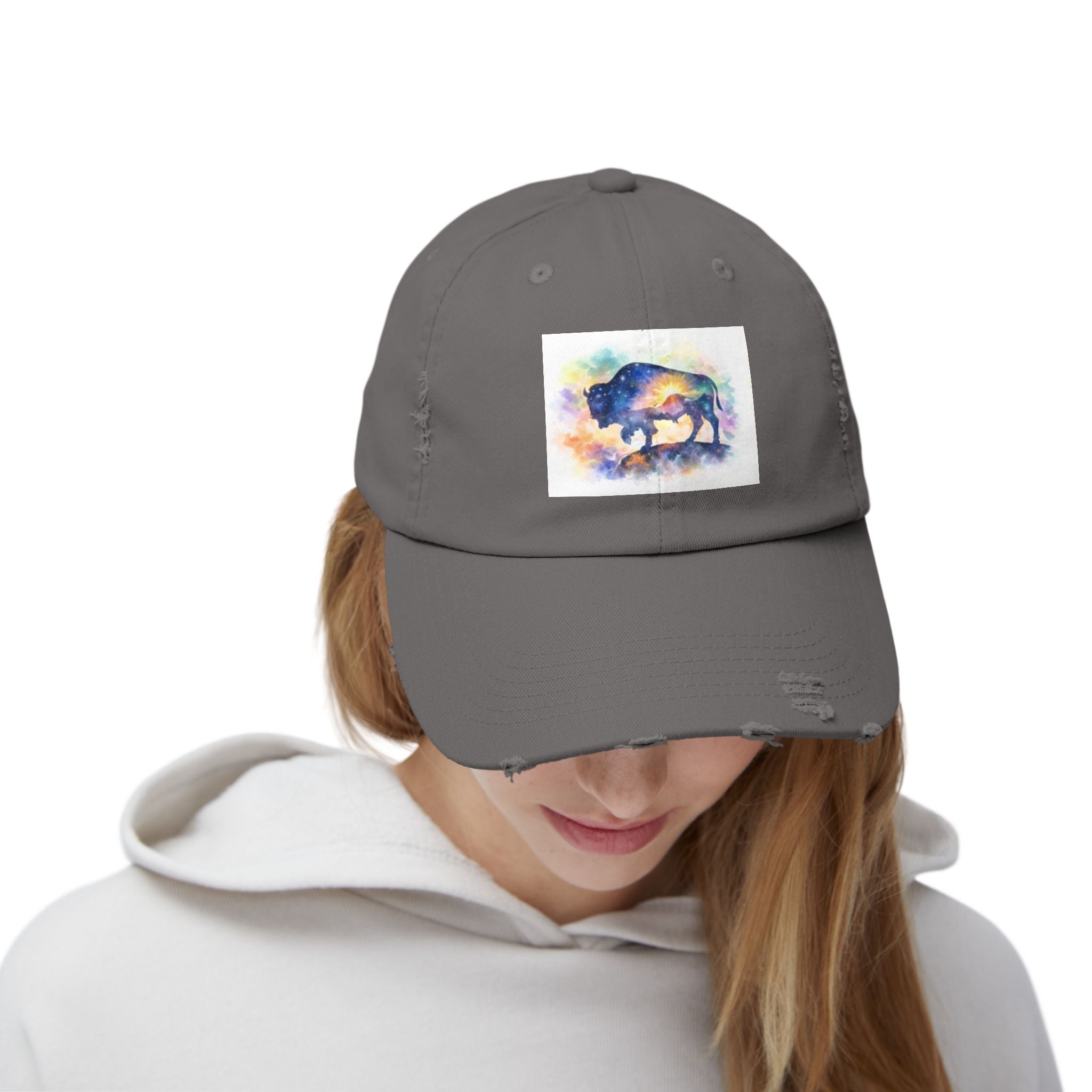 Distressed Buffalo Cap — Watercolor Bison Patch Hat