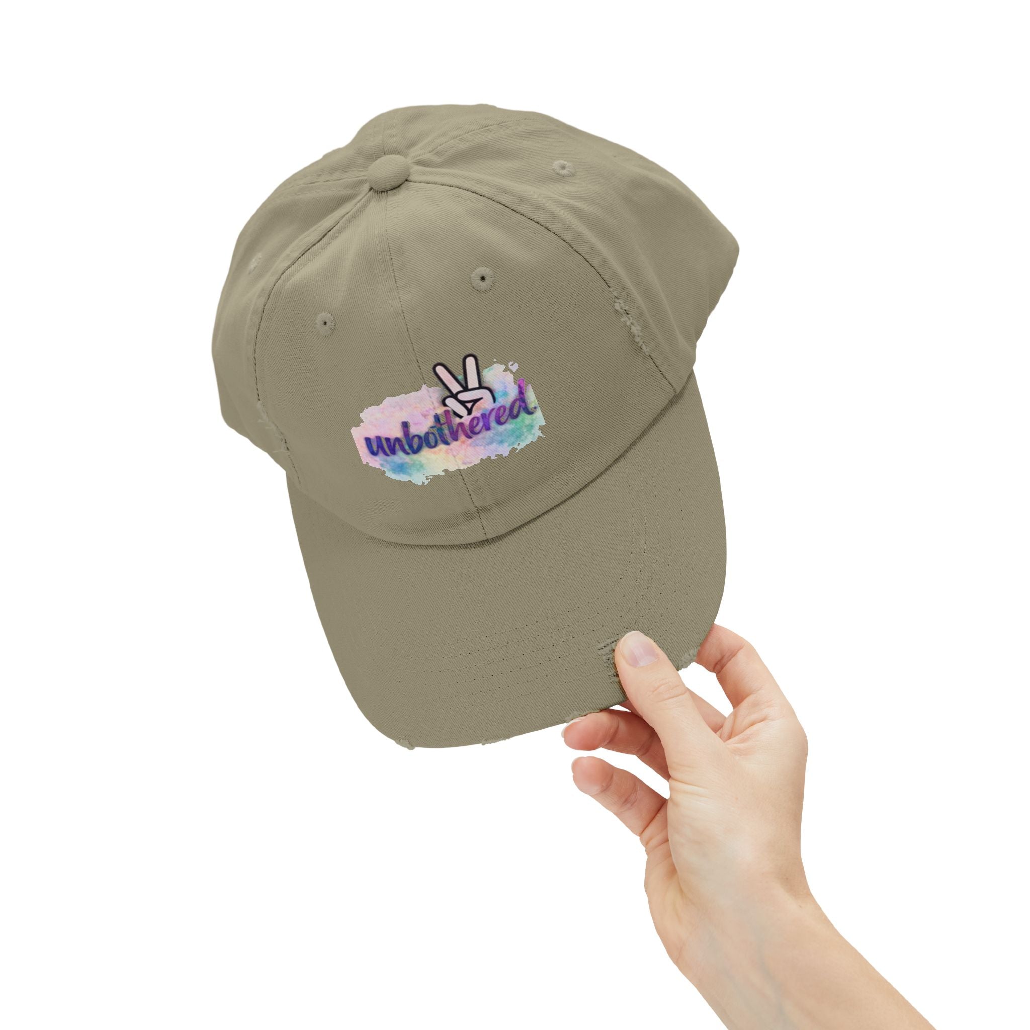 Unbothered Distressed Cap — Pastel Peace Sign Baseball Hat